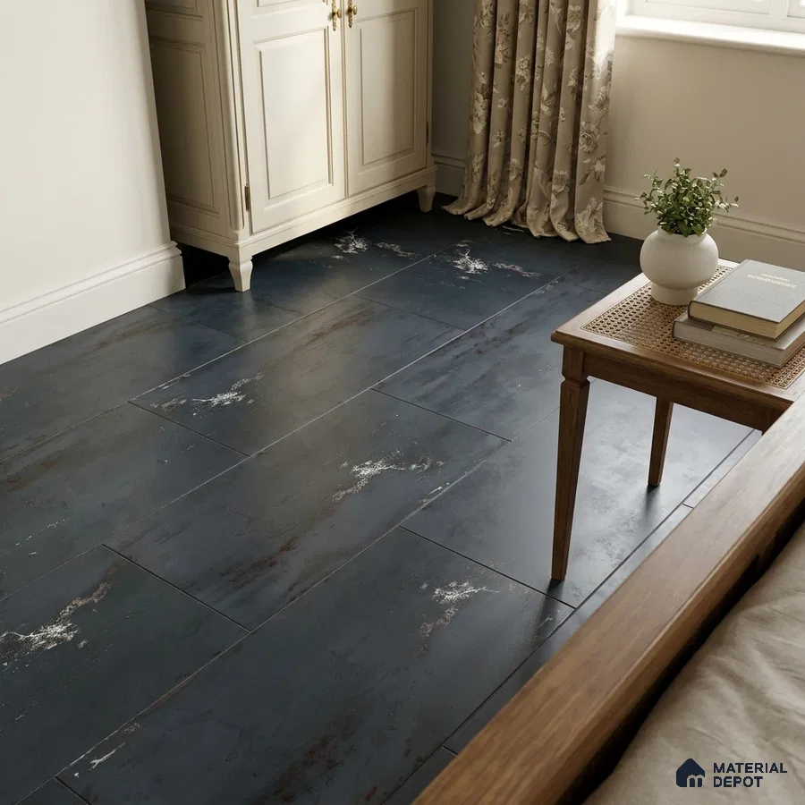 Traditional Bedroom with Oxidised Blue Metallic Floor Tile