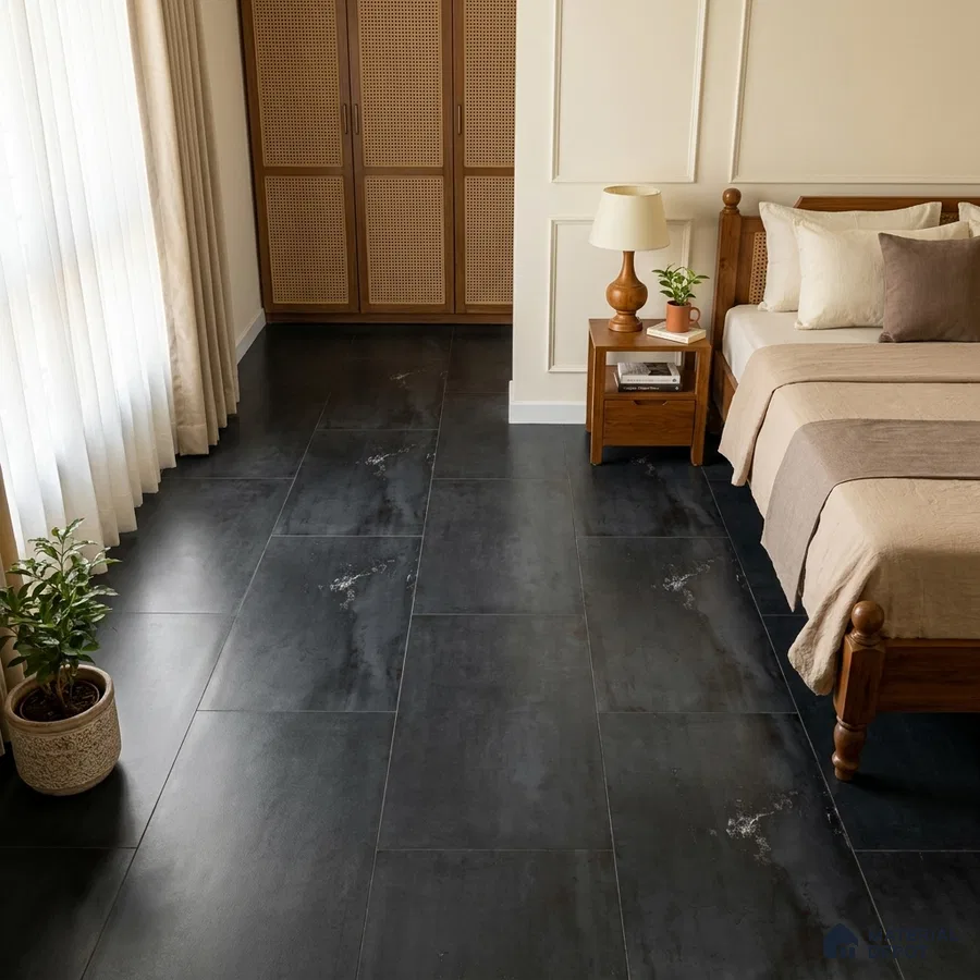 Modern Bedroom with Oxidised Black Metallic Floor Tile