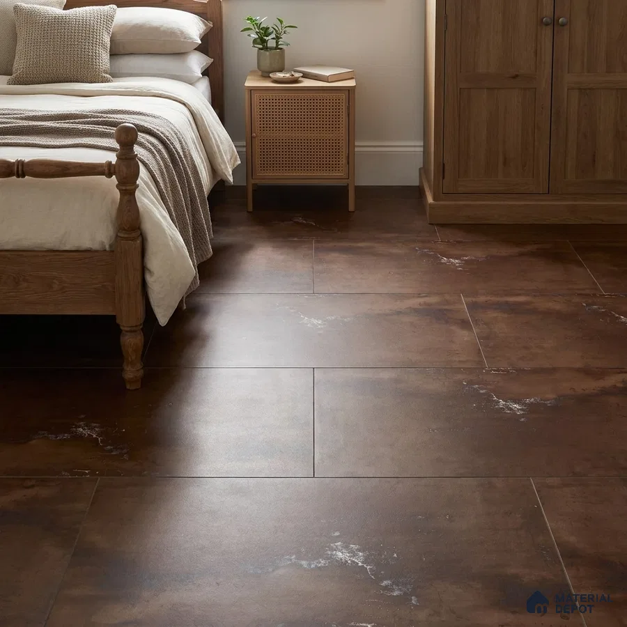 Modern Bedroom with Oxidised Bronze Brown Metallic Floor Tile