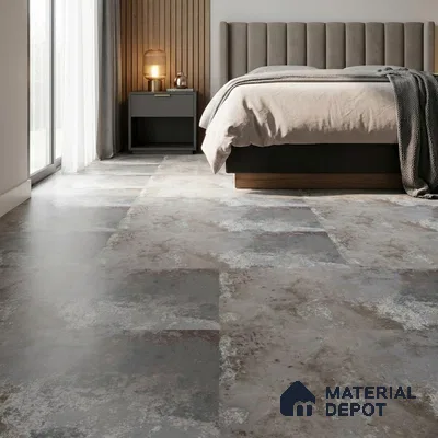 Modern Bedroom with Oxidised Grey Metallic Floor Tile