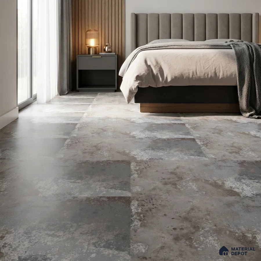 Modern Bedroom with Oxidised Grey Metallic Floor Tile