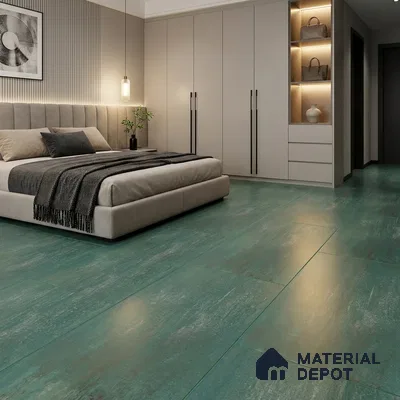 Modern Bedroom with Oxidised Teal Green Metallic Floor Tile