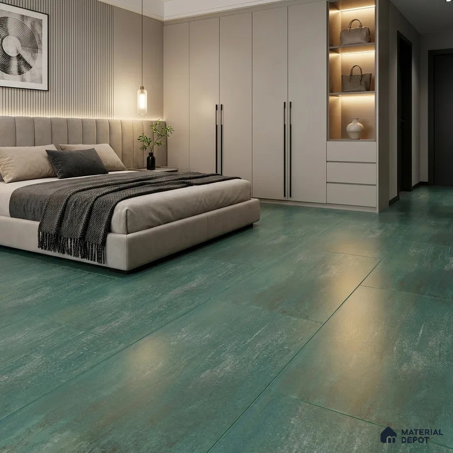 Modern Bedroom with Oxidised Teal Green Metallic Floor Tile