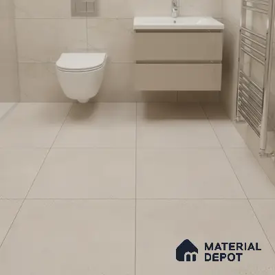 Minimalist bathroom with beige matte floor tiles and marble-look wall tiles