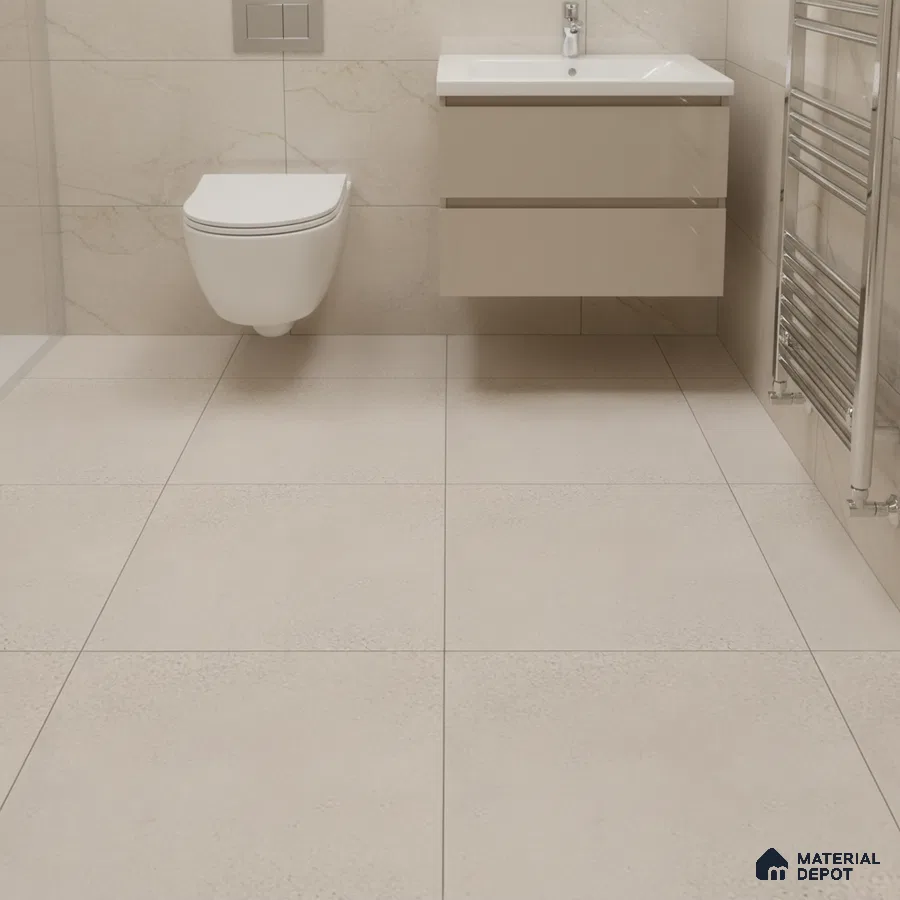 Minimalist bathroom with beige matte floor tiles and marble-look wall tiles