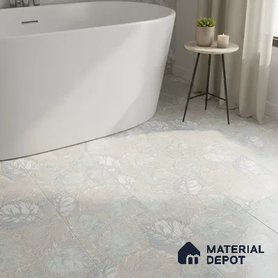 Modern bathroom with pastel floral patterned floor tiles and freestanding tub