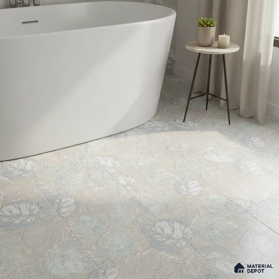 Modern bathroom with pastel floral patterned floor tiles and freestanding tub