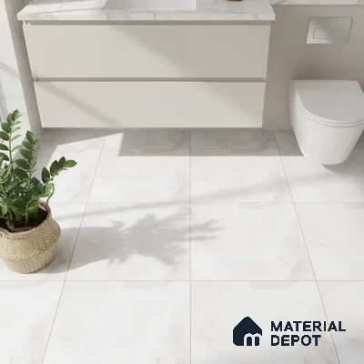 Minimalist bathroom with white marble-look floor tiles and frosty white floating vanity