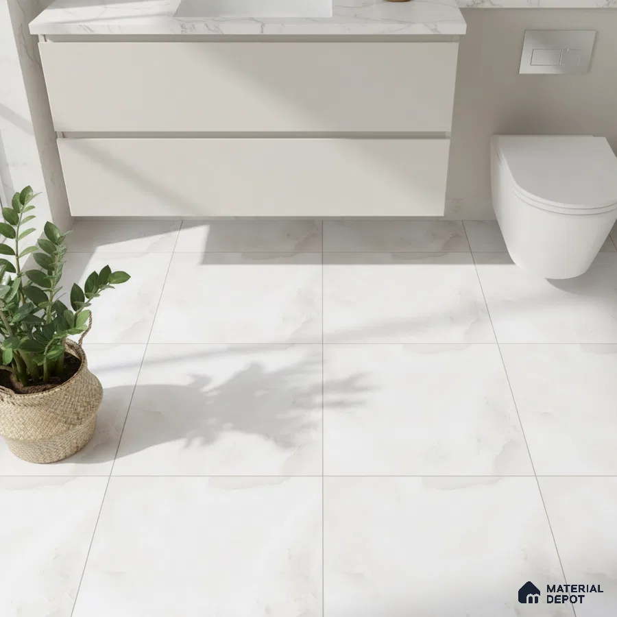 Minimalist bathroom with white marble-look floor tiles and frosty white floating vanity