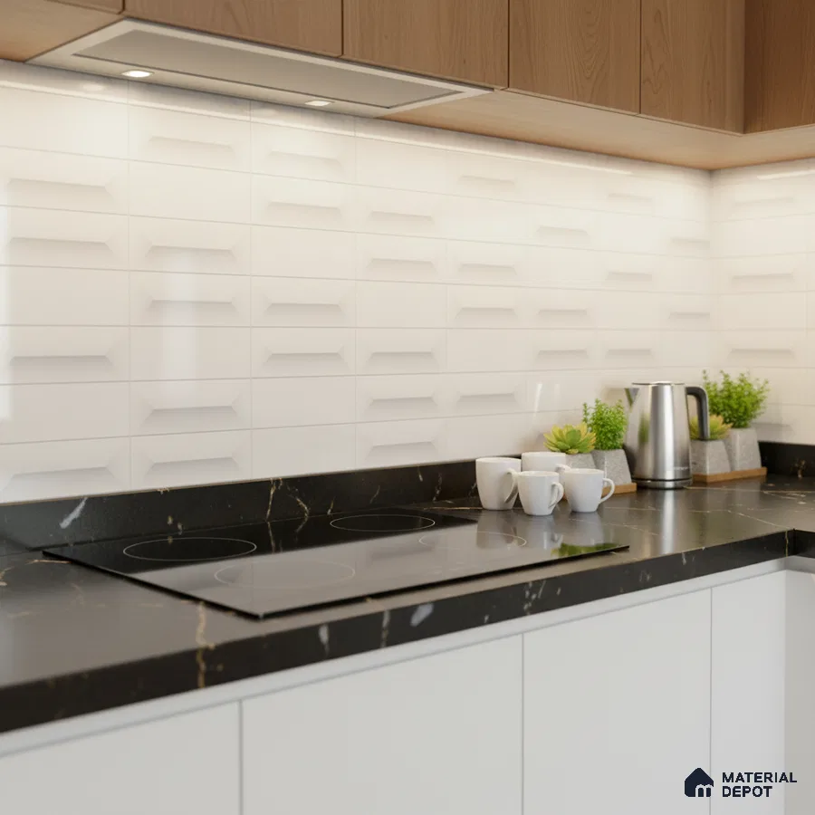 Modern kitchen with white 3D geometric backsplash tile, black marble countertop, and wood laminate upper cabinets
