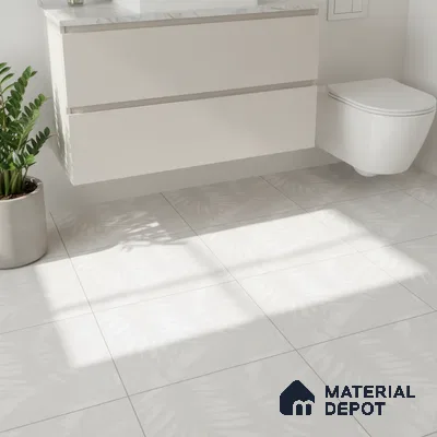 Minimalist bathroom with frosty white floating vanity and subtle leaf-patterned matte floor tiles