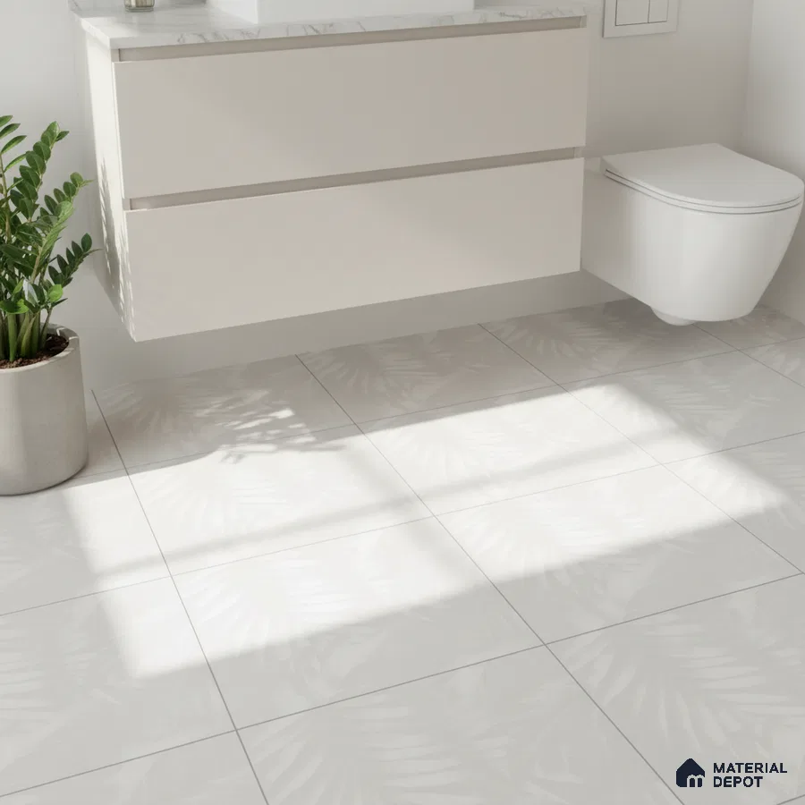 Minimalist bathroom with frosty white floating vanity and subtle leaf-patterned matte floor tiles