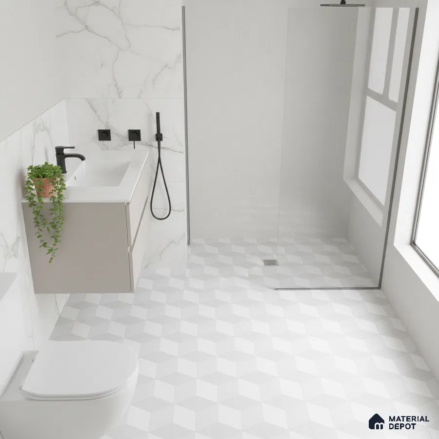 Minimalist bathroom with white marble wall tiles and geometric 3D patterned floor tiles