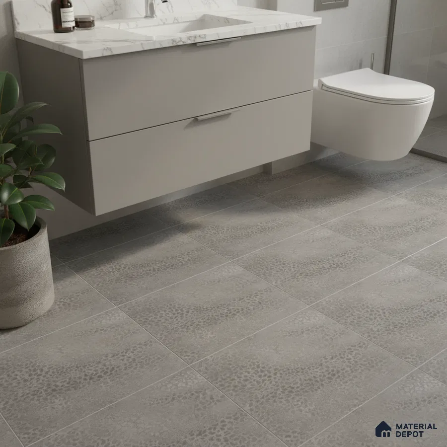 Modern bathroom with grey textured floor tiles and marble-look countertop vanity