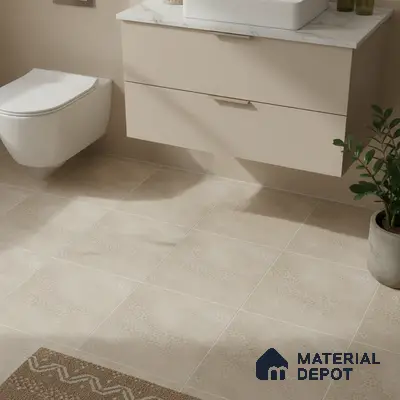 Minimalist bathroom with beige patterned floor tiles and matte beige vanity with white marble countertop