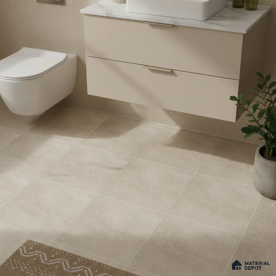 Minimalist bathroom with beige patterned floor tiles and matte beige vanity with white marble countertop