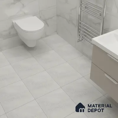 Modern bathroom with marble-look wall tiles and textured light grey floor tiles