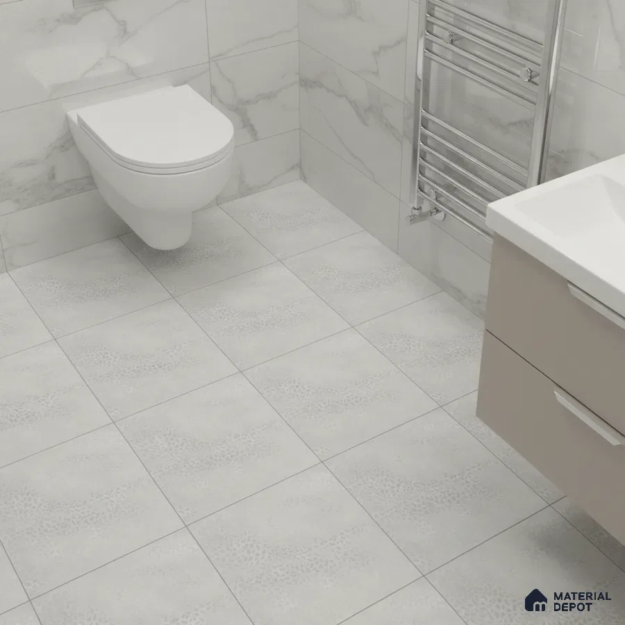 Modern bathroom with marble-look wall tiles and textured light grey floor tiles