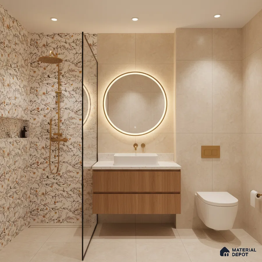 Modern bathroom with floral patterned wall tiles, beige stone-look tiles, and wood laminate floating vanity