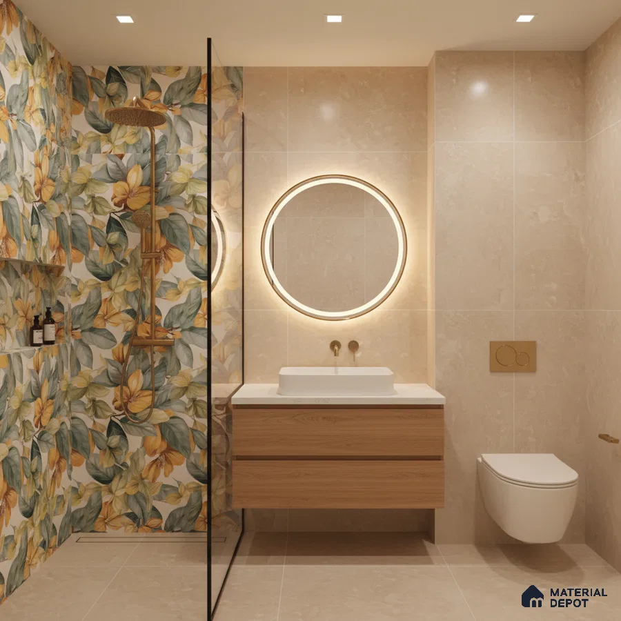 Modern bathroom with floral highlighter wall tiles, beige marble-look tiles, and floating wood vanity