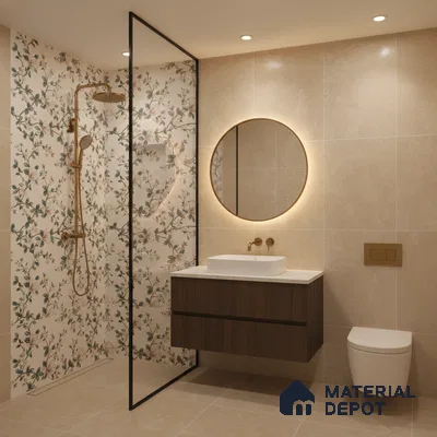 Modern bathroom with floral highlighter wall tiles, beige marble-look tiles, and walnut wood vanity