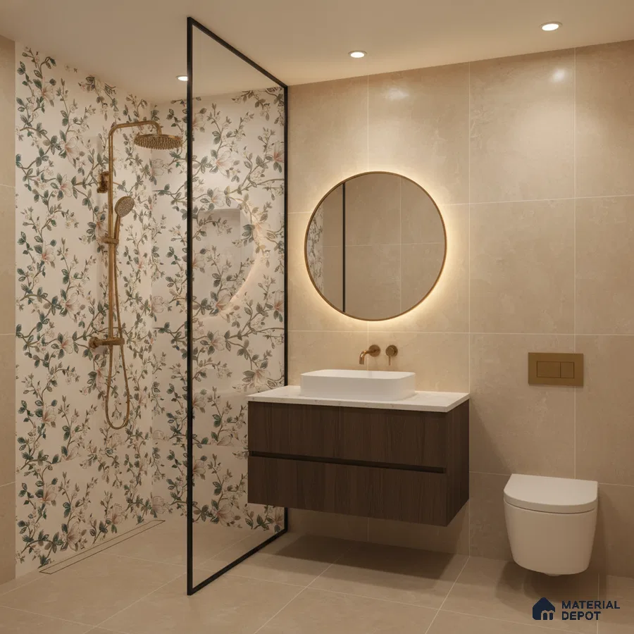 Modern bathroom with floral highlighter wall tiles, beige marble-look tiles, and walnut wood vanity