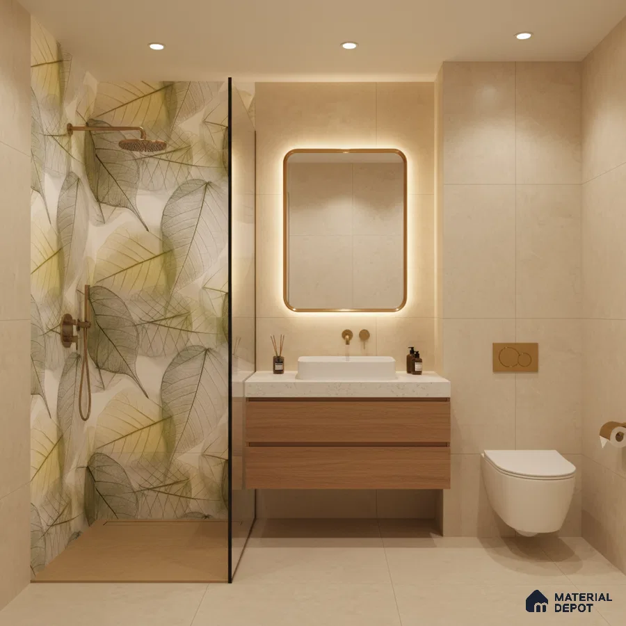 Modern bathroom with leaf-patterned highlighter wall tile, beige stone wall tiles, and floating wood vanity
