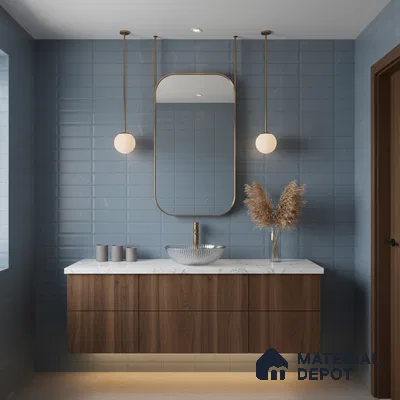 Modern bathroom with blue subway wall tiles, walnut wood vanity, and white quartz countertop