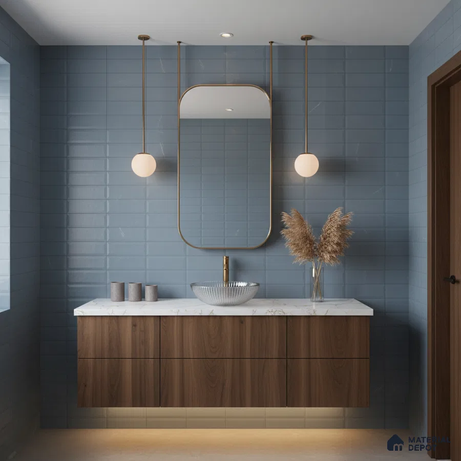 Modern bathroom with blue subway wall tiles, walnut wood vanity, and white quartz countertop