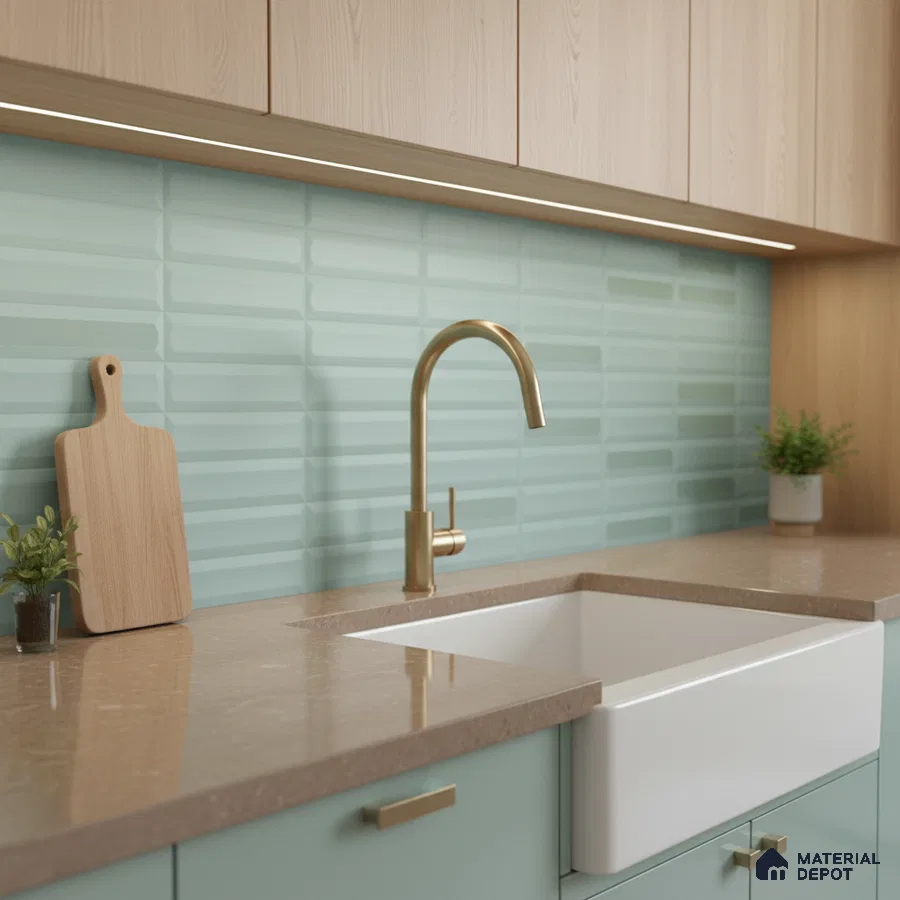 Modern kitchen with pastel green kitkat backsplash tile, beige quartz countertop, and light oak laminate cabinets