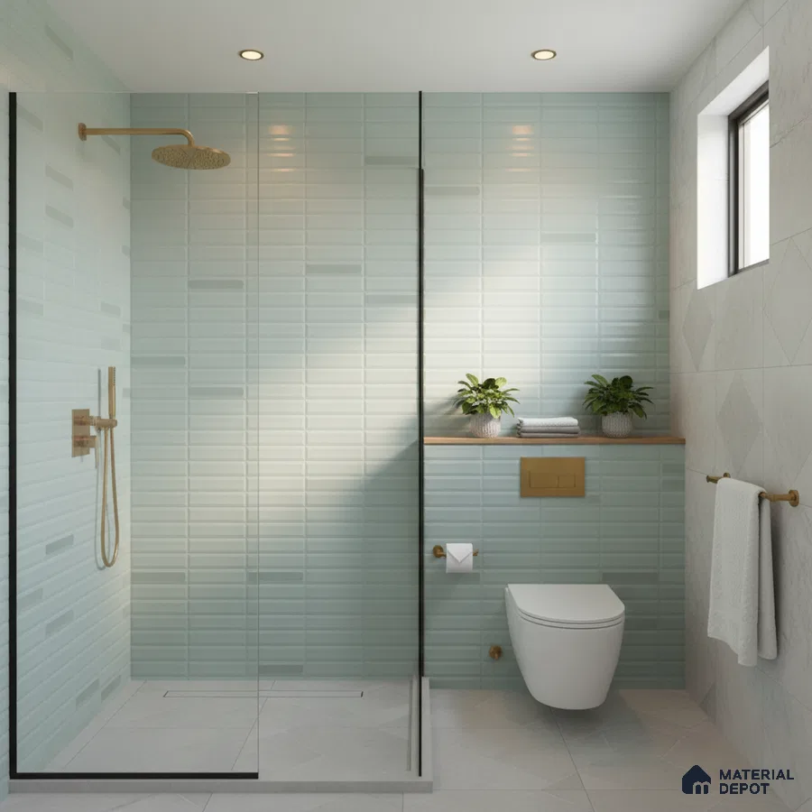 Minimalist bathroom with mint green subway wall tiles and matte white floor tiles