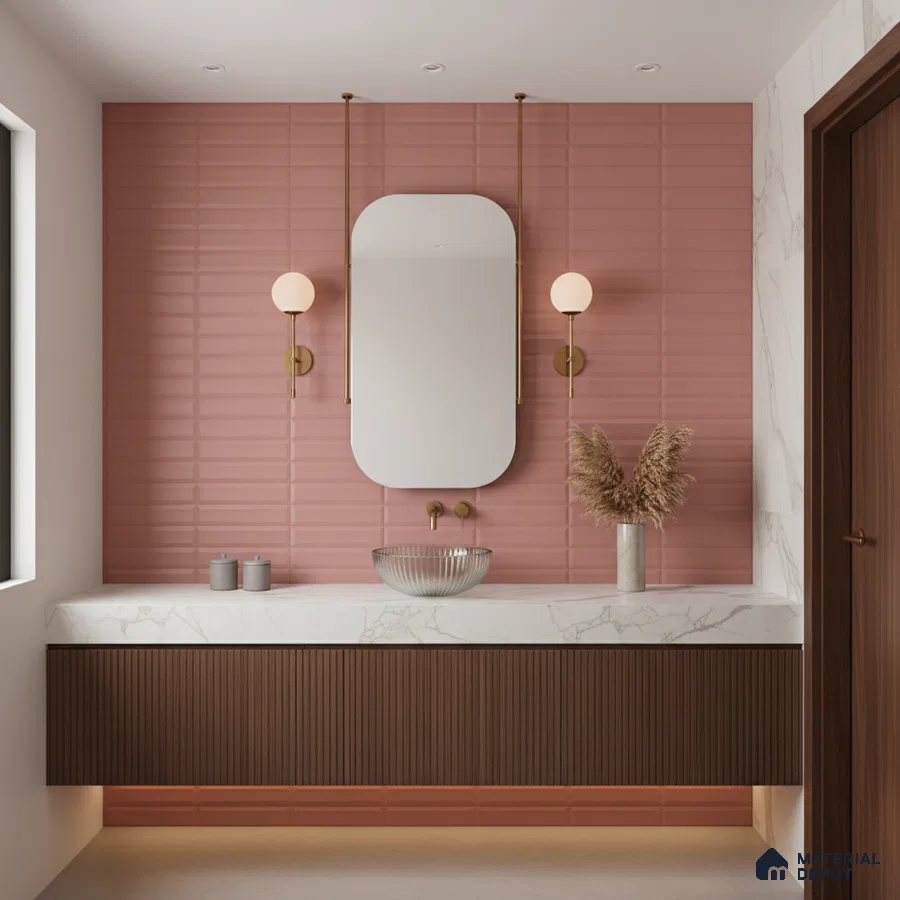 Modern bathroom with blush pink subway wall tiles, quartz countertop, and fluted wood vanity