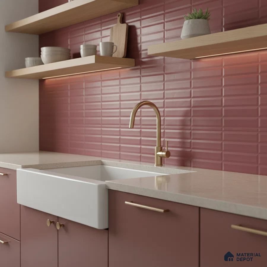 Modern kitchen with blush pink laminate cabinets, textured pink subway backsplash tile, and beige quartz countertop