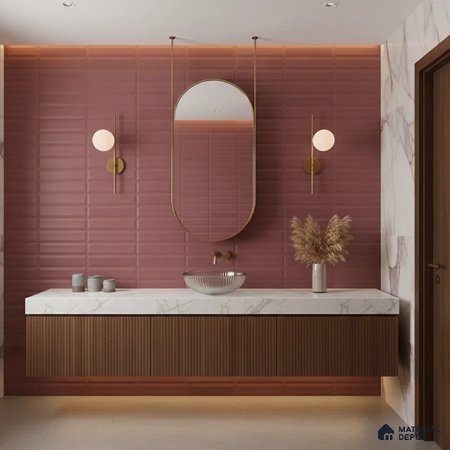 Modern bathroom with mauve subway wall tiles, quartz countertop, and fluted wood vanity