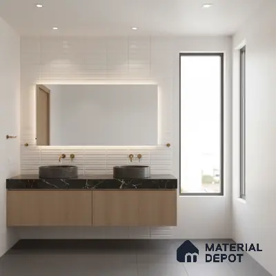 Minimalist bathroom with white textured subway wall tiles, black quartz countertop, and light oak vanity
