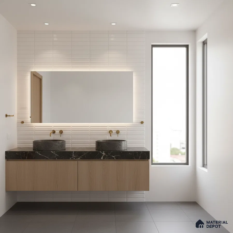 Minimalist bathroom with white textured subway wall tiles, black quartz countertop, and light oak vanity