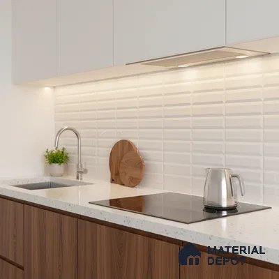 Modern kitchen with walnut wood laminate base cabinets, white quartz countertop, and 3D white geometric backsplash tile