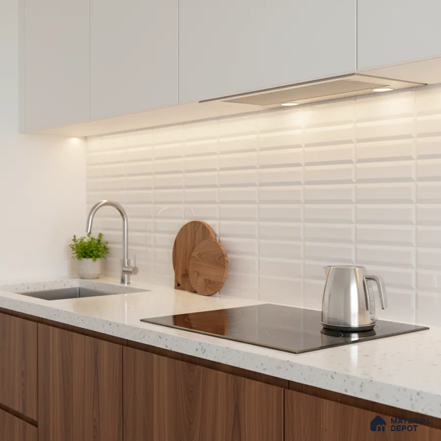 Modern kitchen with walnut wood laminate base cabinets, white quartz countertop, and 3D white geometric backsplash tile