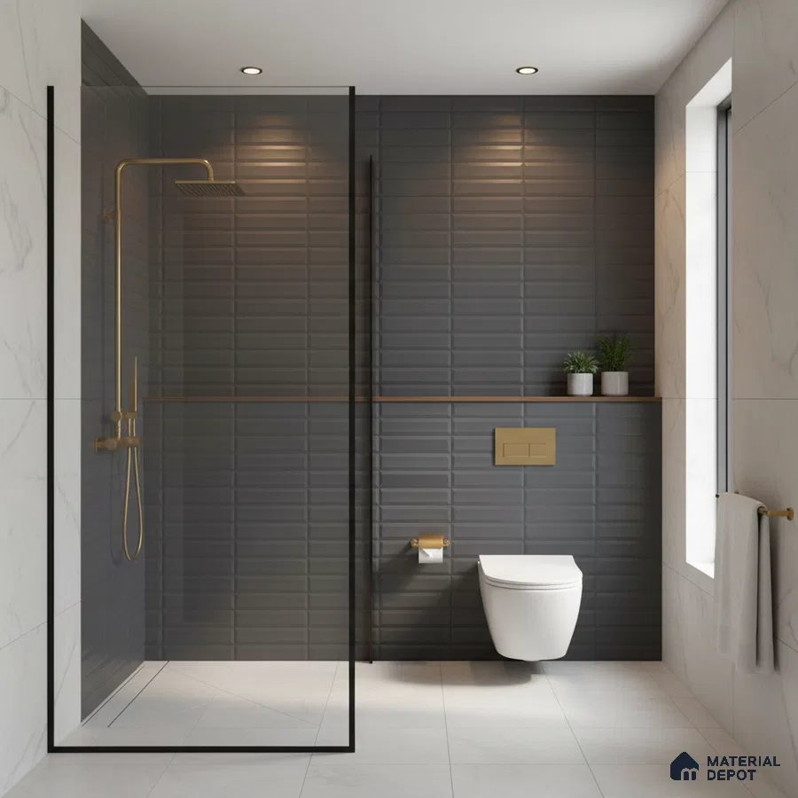 Modern bathroom with matte charcoal grey subway wall tiles and white marble-look floor tiles