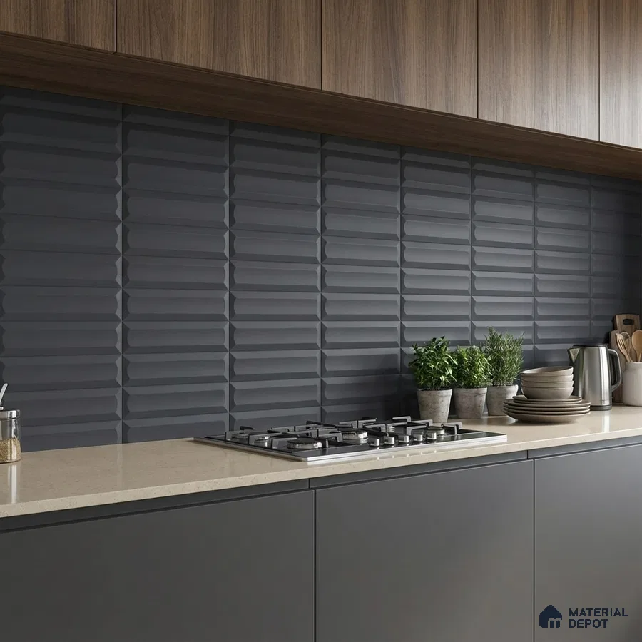 Modern kitchen with matte charcoal grey 3D wall tiles, walnut wood laminate cabinets, and beige quartz countertop