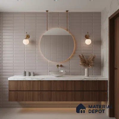 Modern bathroom with taupe 3D wall tiles, walnut wood vanity, and white quartz countertop