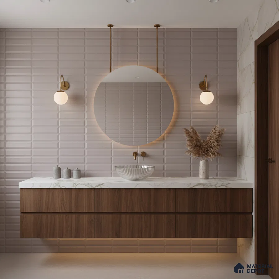 Modern bathroom with taupe 3D wall tiles, walnut wood vanity, and white quartz countertop