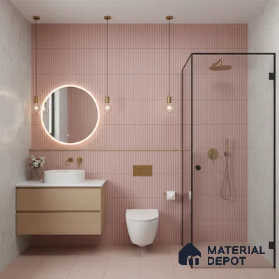 Modern bathroom with blush pink fluted wall tiles, marble wall tiles, and light wood floating vanity