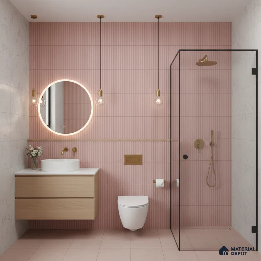 Modern bathroom with blush pink fluted wall tiles, marble wall tiles, and light wood floating vanity