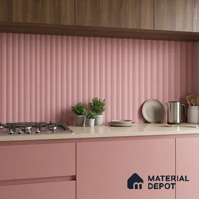 Modern kitchen with pastel pink laminate cabinets, striped pink backsplash tile, and walnut wood overhead cabinets
