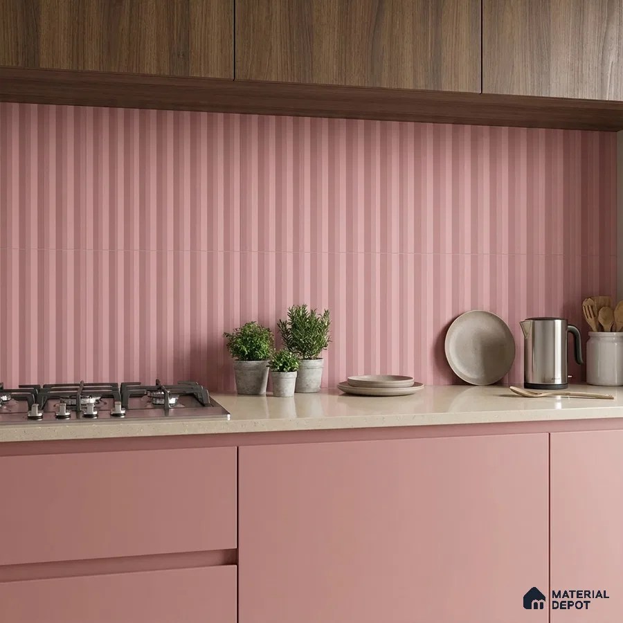 Modern kitchen with pastel pink laminate cabinets, striped pink backsplash tile, and walnut wood overhead cabinets