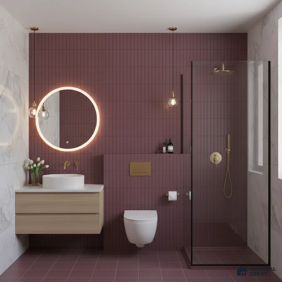 Modern bathroom with mauve kitkat wall tiles, marble wall tiles, and matte mauve floor tiles