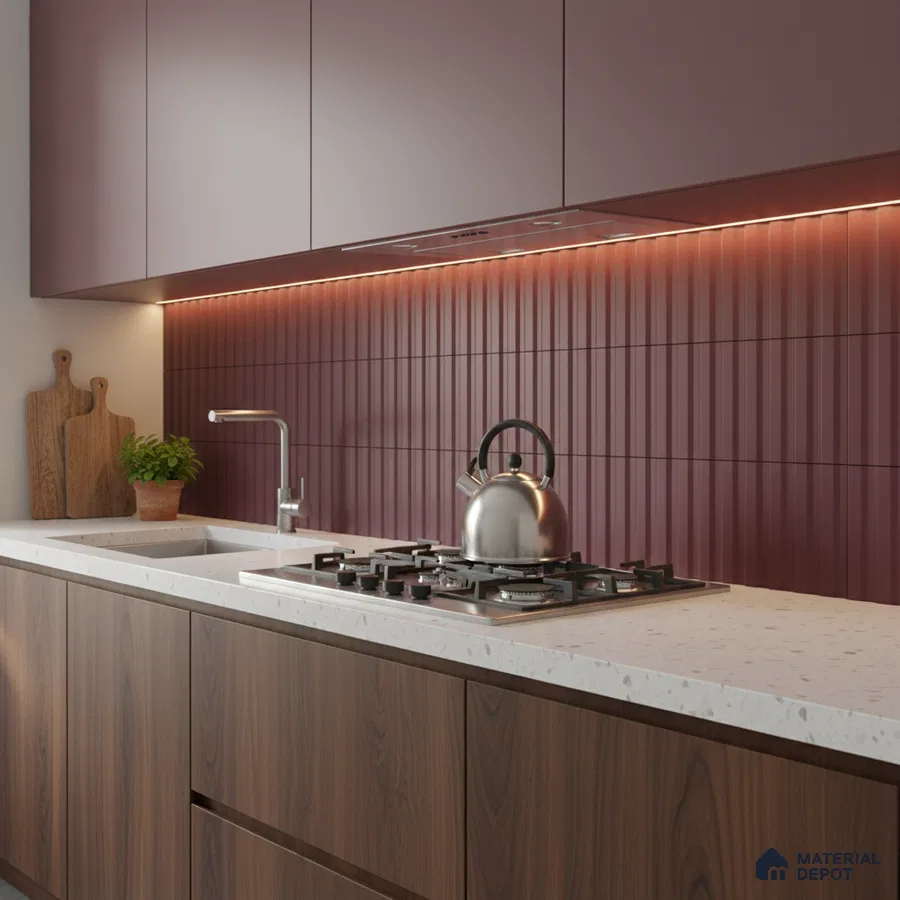 Modern kitchen with mauve laminate cabinets, walnut wood base, and mauve fluted backsplash tile