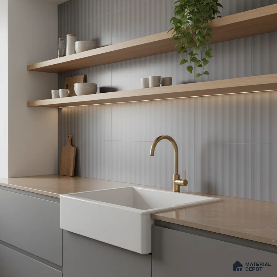 Scandinavian kitchen with matte grey laminate cabinets, beige quartz countertop, and fluted grey wall tiles