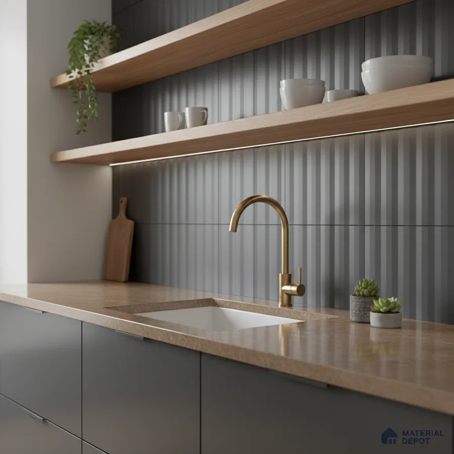 Minimalist kitchen with matte grey cabinets, light wood open shelves, and fluted grey backsplash tile